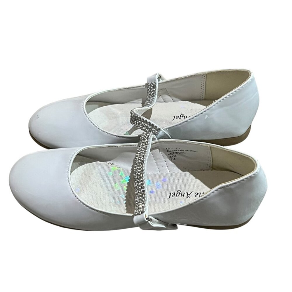 Little Angel Girls White Mary Jane Shoes With Rhinestone Strap 2Y